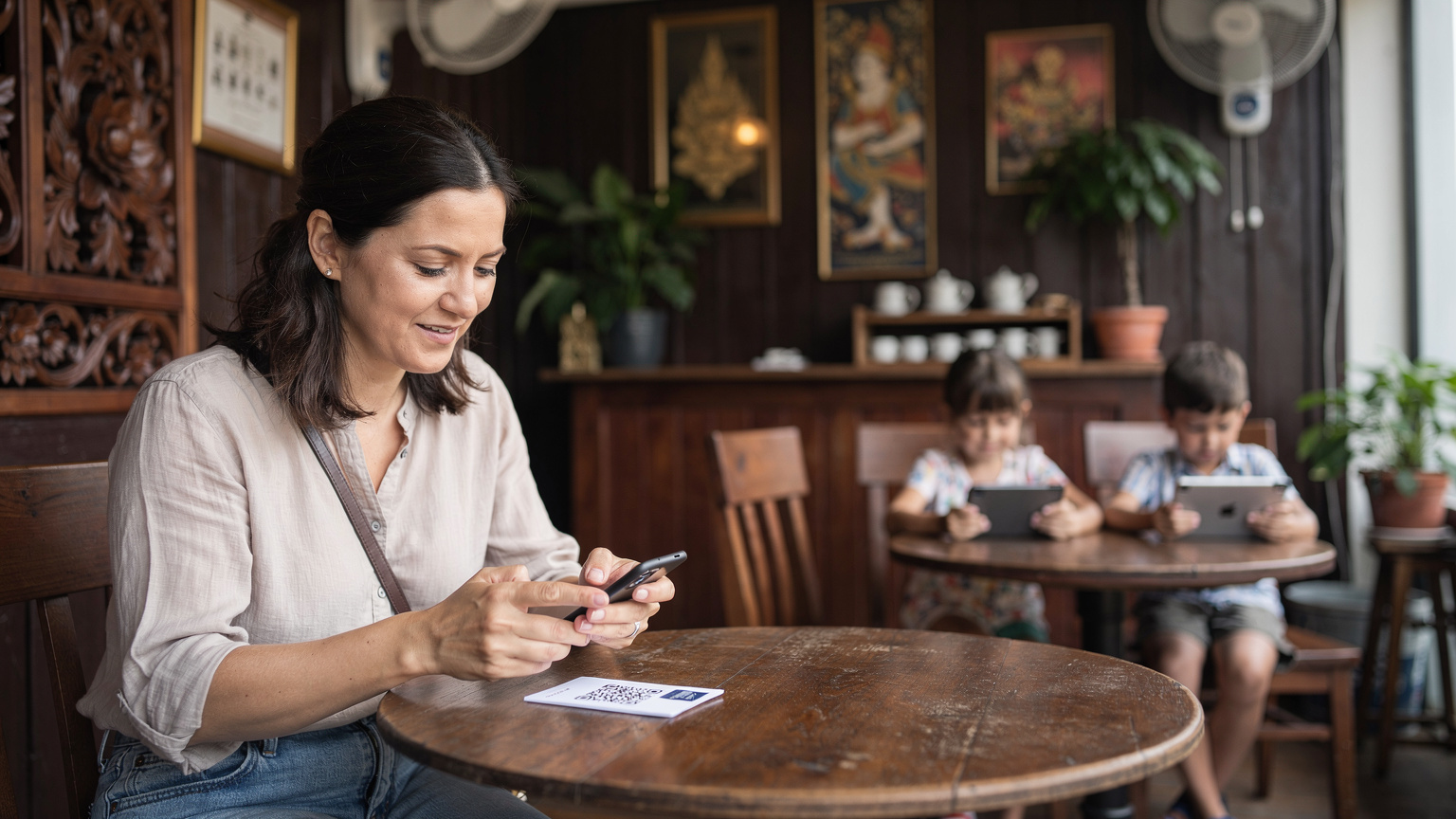 Une mère d'âge moyen, visiblement soulagée, utilise son smartphone pour scanner un QR code d'eSIM dans un café climatisé de Bangkok, tandis que ses enfants jouent calmement à côté.