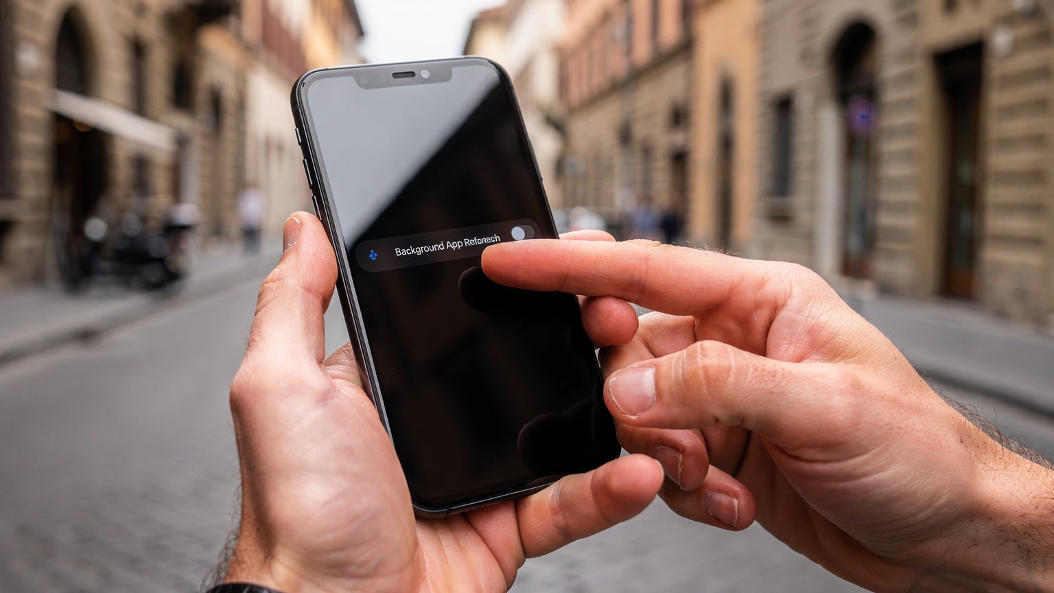 A close-up of hands adjusting settings on a smartphone to disable background app refresh, with a blurry European city street in the background.