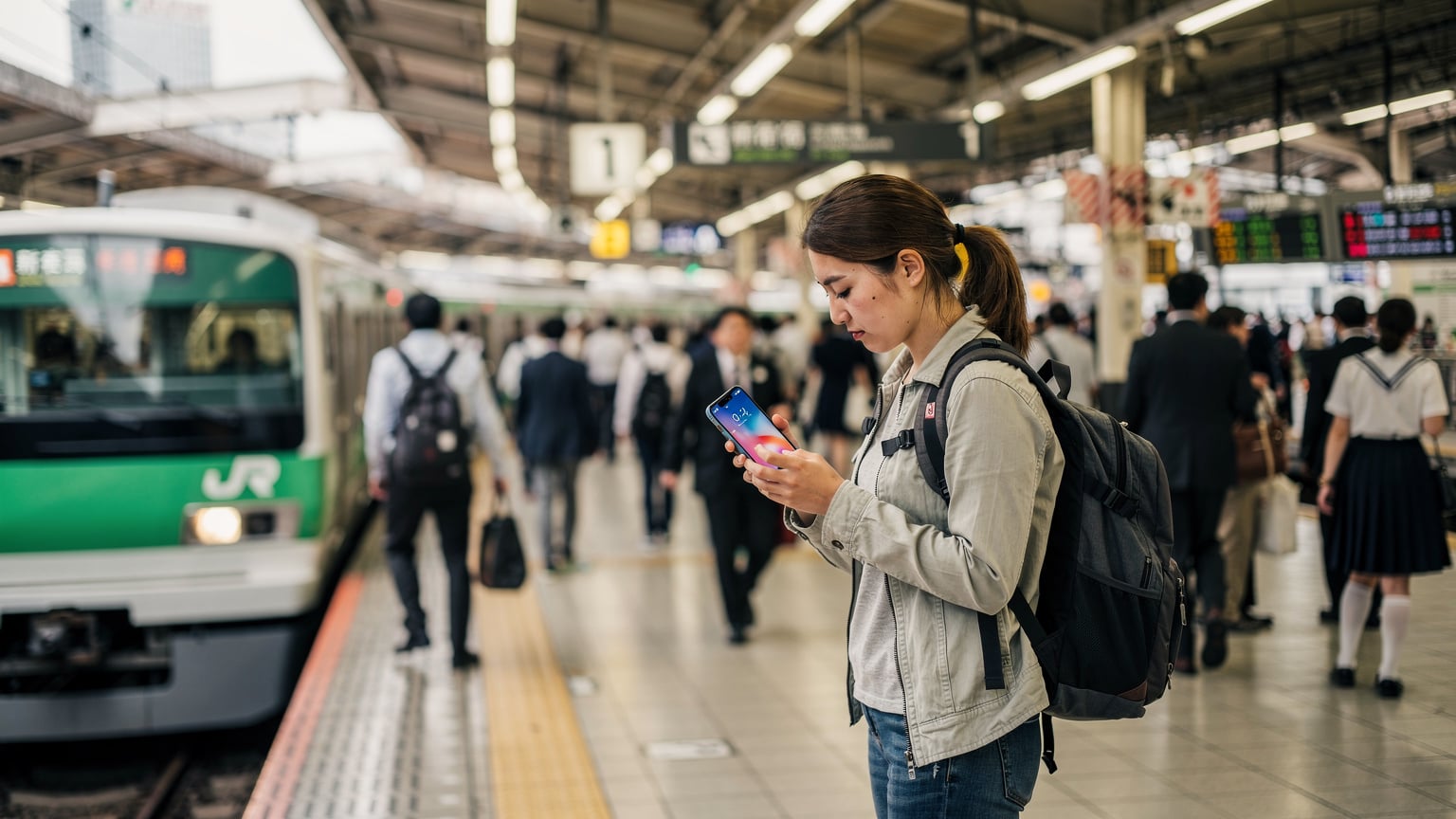 A traveler checking their eSIM activation on their phone while waiting for a train at Shinjuku Station, navigating the busy platforms.