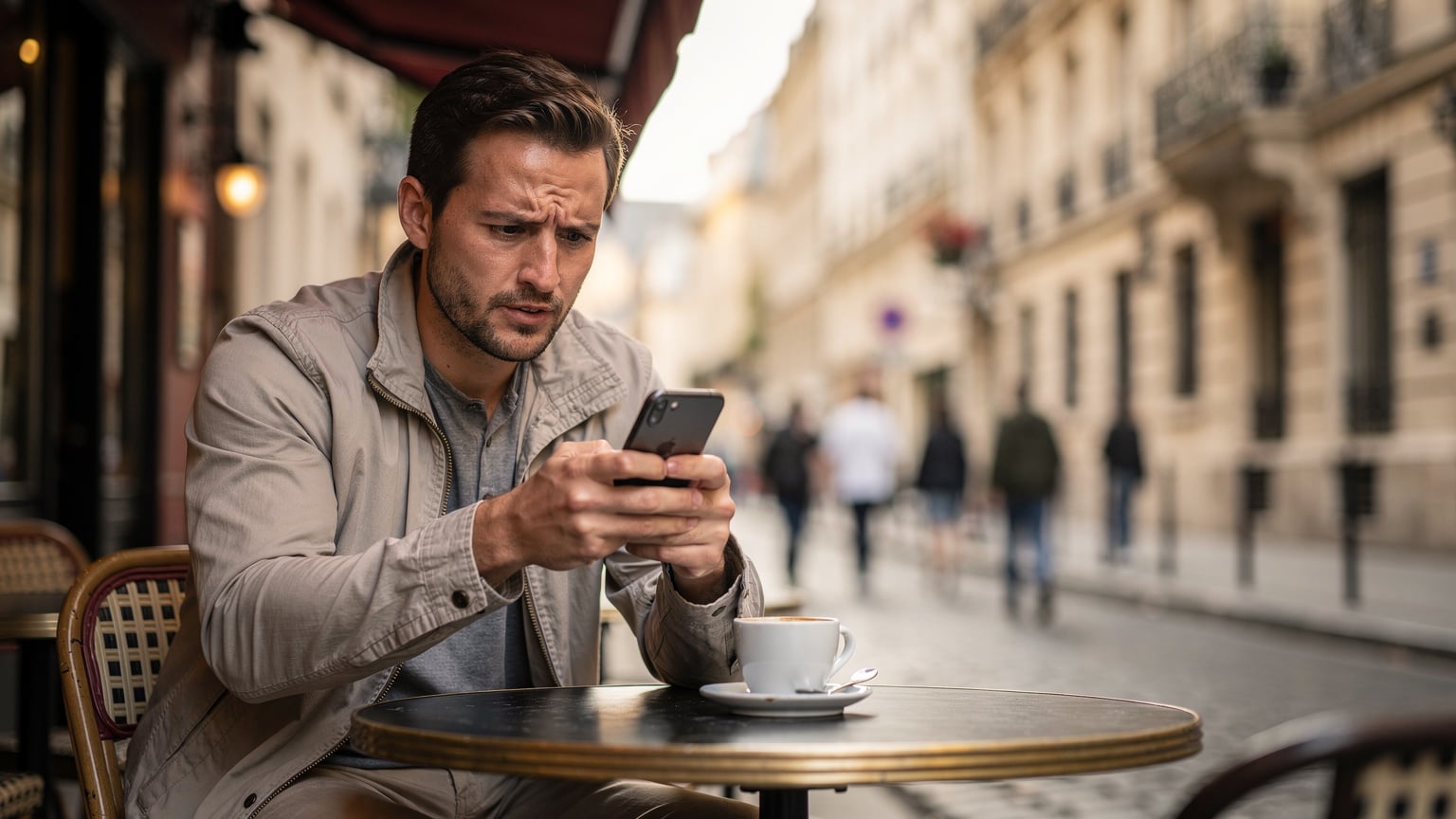 A frustrated traveler looking at their smartphone with a 'No Service' or 'Data Limit Reached' message, sitting at a cafe table in a European city, looking concerned.
