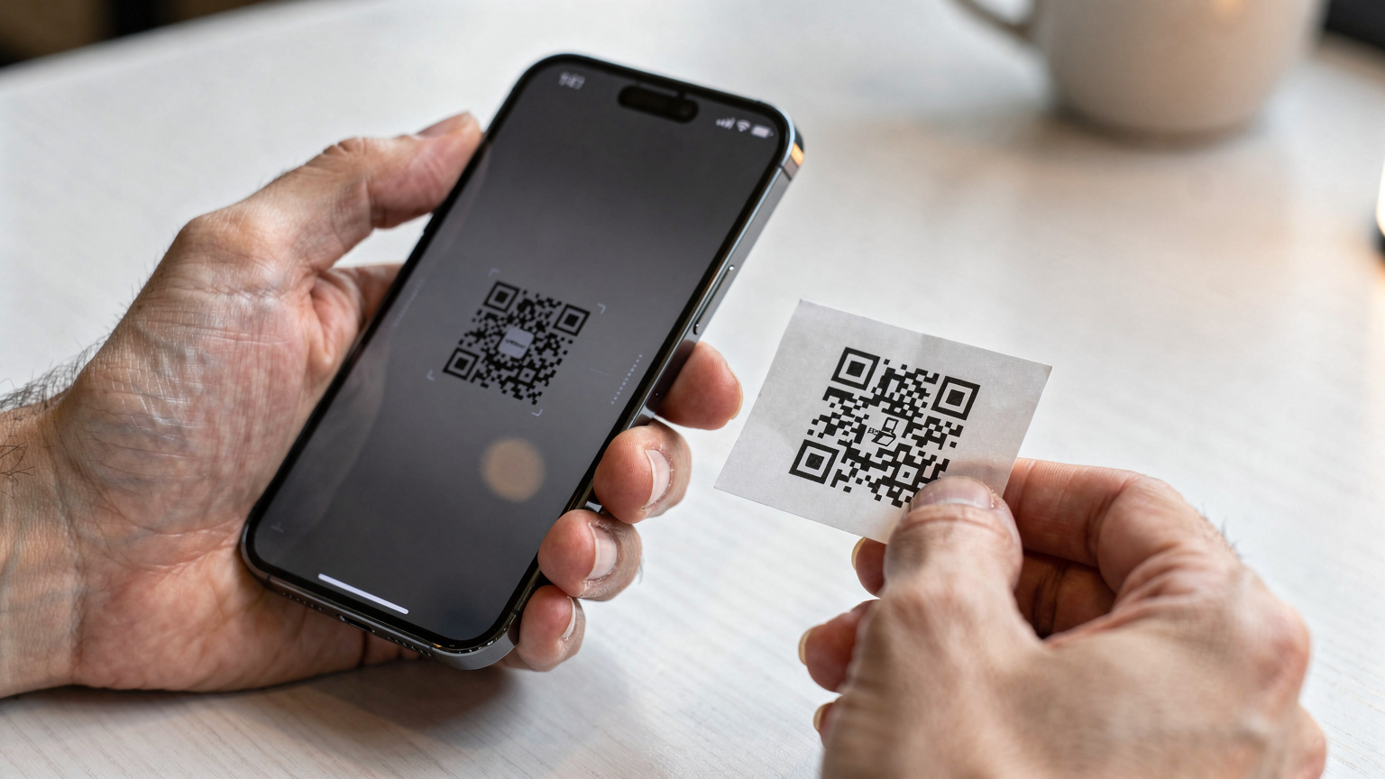 Крупный план рук, сканирующих QR-код для активации eSIM на современном смартфоне.
