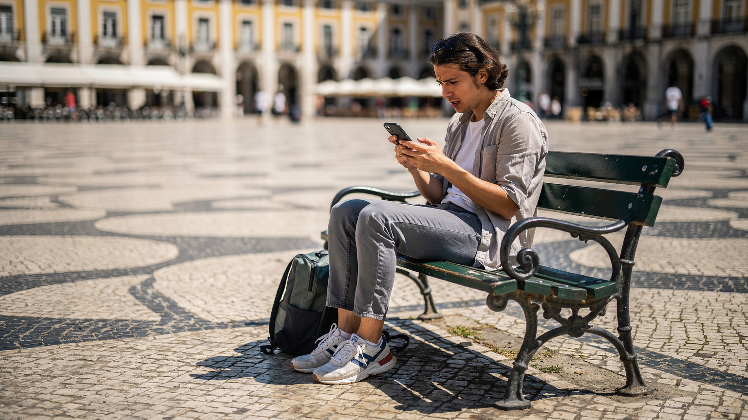 Uma pessoa visivelmente frustrada com um smartphone na mão, olhando para o ecrã com uma expressão de preocupação, sentada em um banco de praça em Lisboa, talvez enfrentando um problema de conectividade.