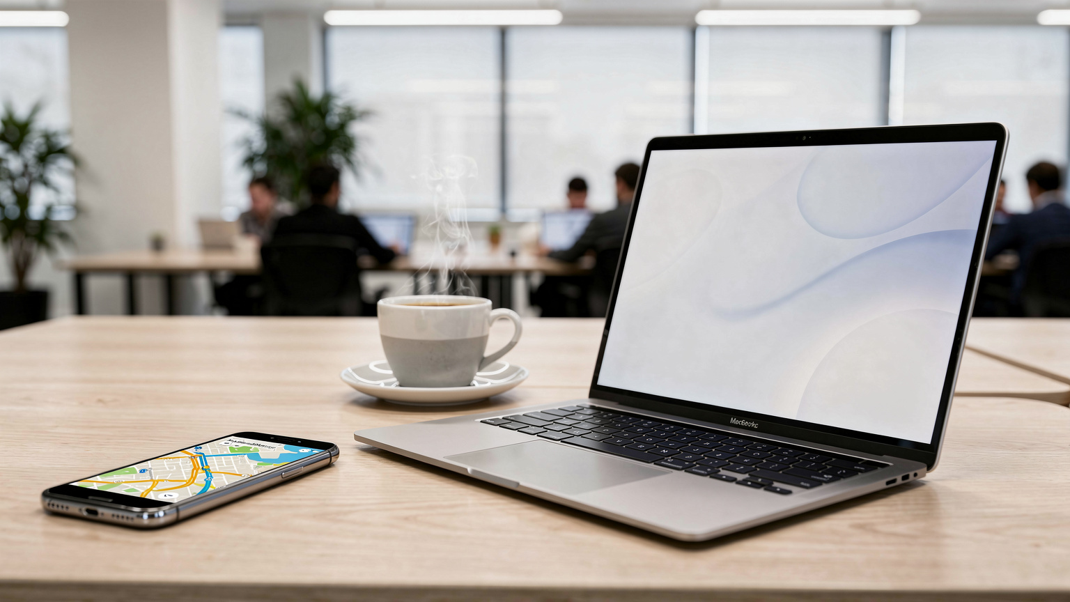 Uma mesa em um co-working space em Lisboa, com um laptop aberto, um telefone exibindo um mapa, e um copo de café, sugerindo um ambiente de trabalho produtivo.