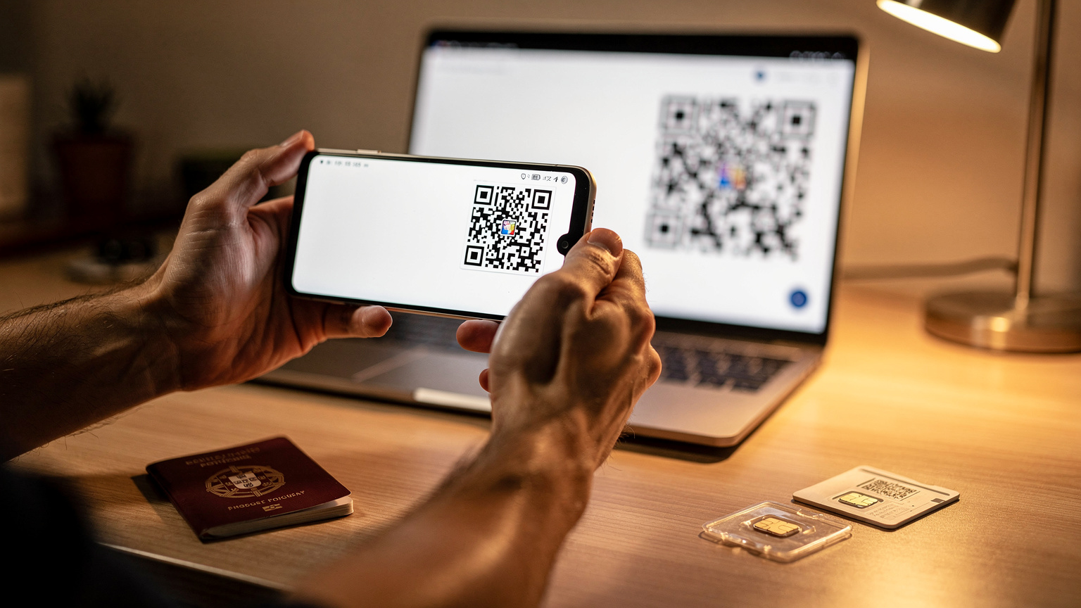 Mãos de uma pessoa usando um smartphone para escanear um QR code em um ecrã de computador, com um passaporte e um cartão SIM velho ao lado, simbolizando a transição para o eSIM.