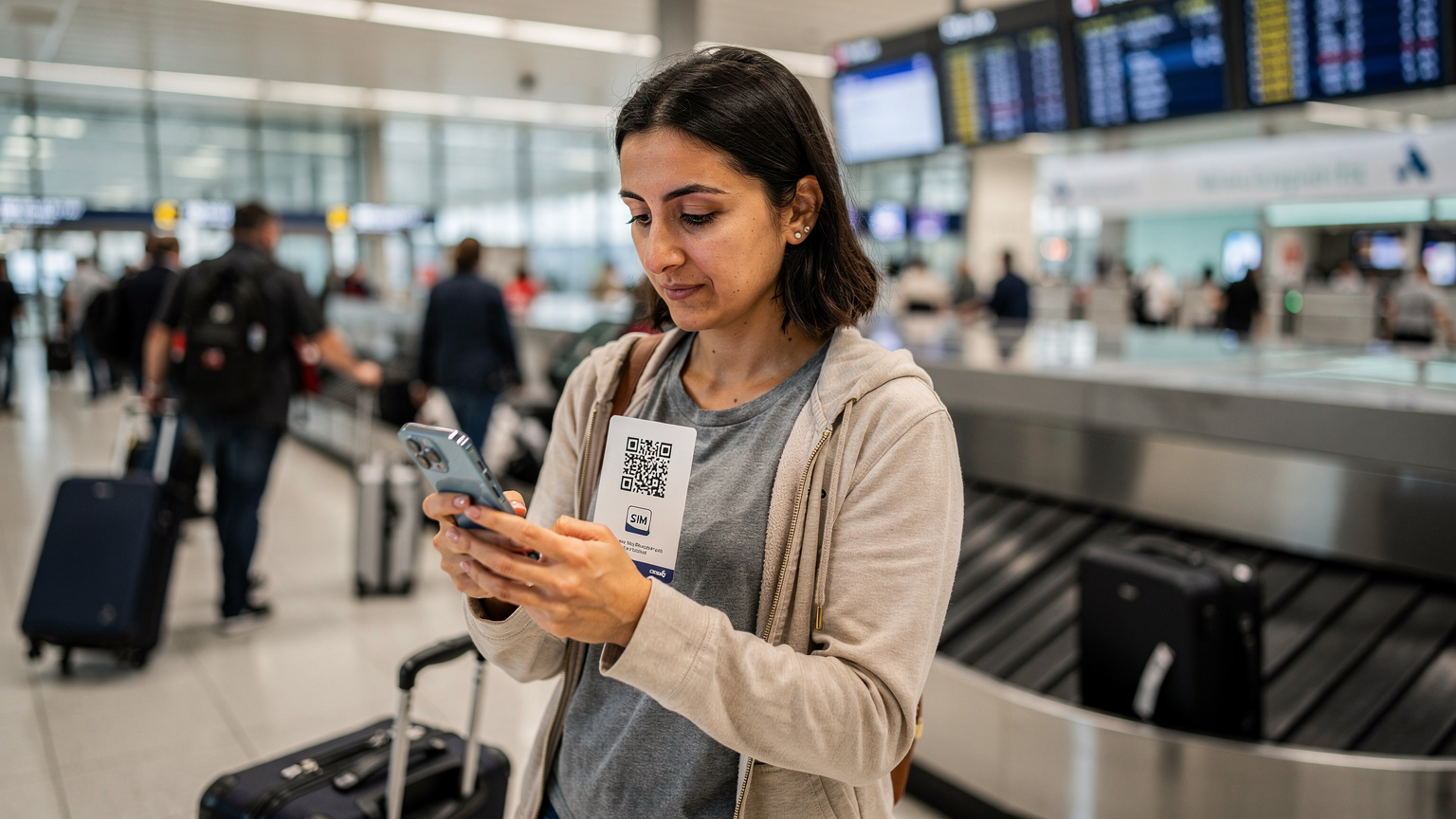 Londra'daki bir havalimanında bavulunu beklerken akıllı telefonundaki eSIM QR kodunu tarayan bir gezgin.