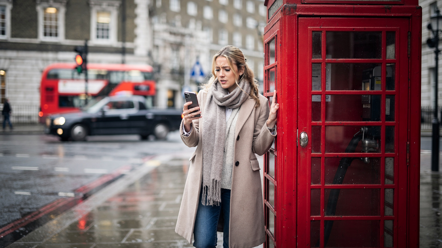 Londra'nın ikonik kırmızı telefon kulübelerinden birinin önünde, akıllı telefonunda bir hız testi uygulamasını kontrol eden bir gezgin.
