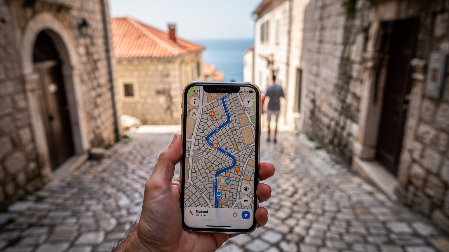 Ruka držiaca smartfón s otvorenou mapovou aplikáciou, ktorá ukazuje trasu cez úzke uličky starého mesta v Budve, Čierna Hora. Pozadie je jemne rozostrené a ukazuje historické budovy a dláždené cesty.