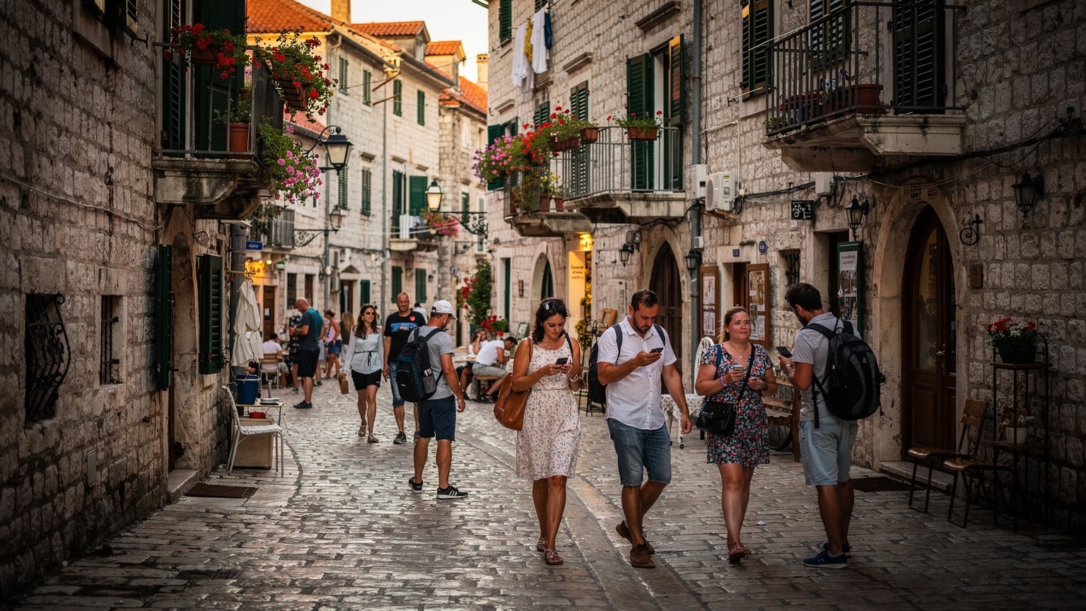 Turisti prechádzajú úzkymi dláždenými uličkami starého mesta v Kotoru, Čierna Hora, s historickými kamennými budovami a balkónmi ozdobenými kvetmi.