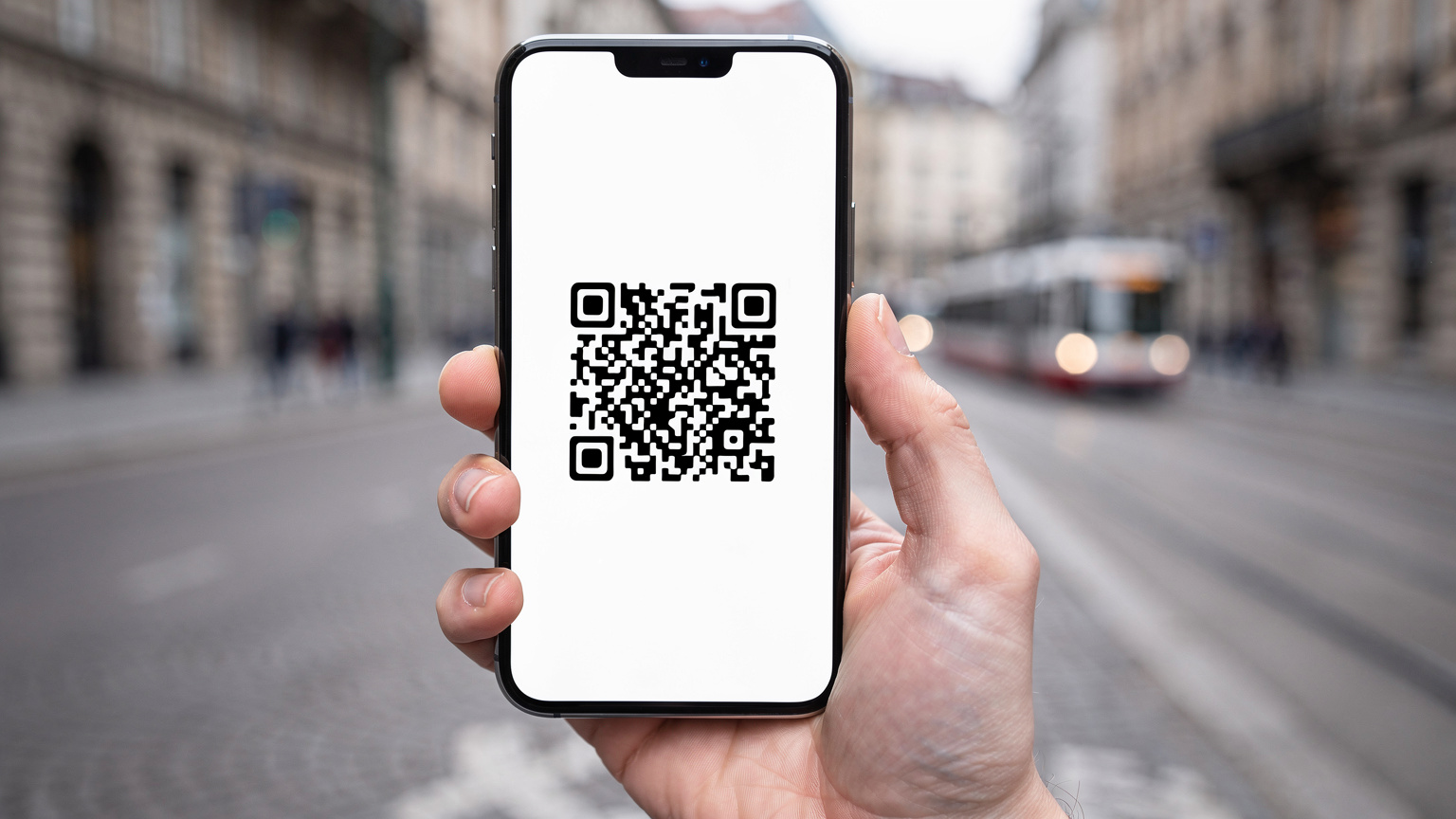Närbild av en hand som håller en smartphone med Cellesims QR-kod för eSIM-aktivering på skärmen, mot en oskarp bakgrund av en europeisk stad.