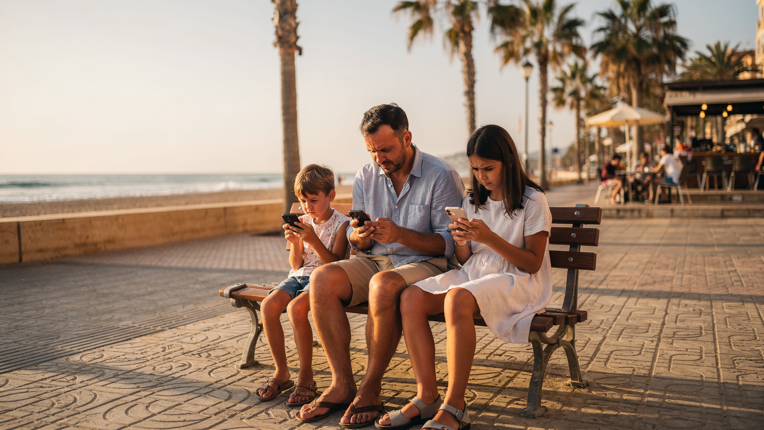 En familj sitter på en spansk strandpromenad och ser besvikna ut när de försöker ansluta till ett opålitligt offentligt Wi-Fi-nätverk. Deras telefoner visar svag signal.