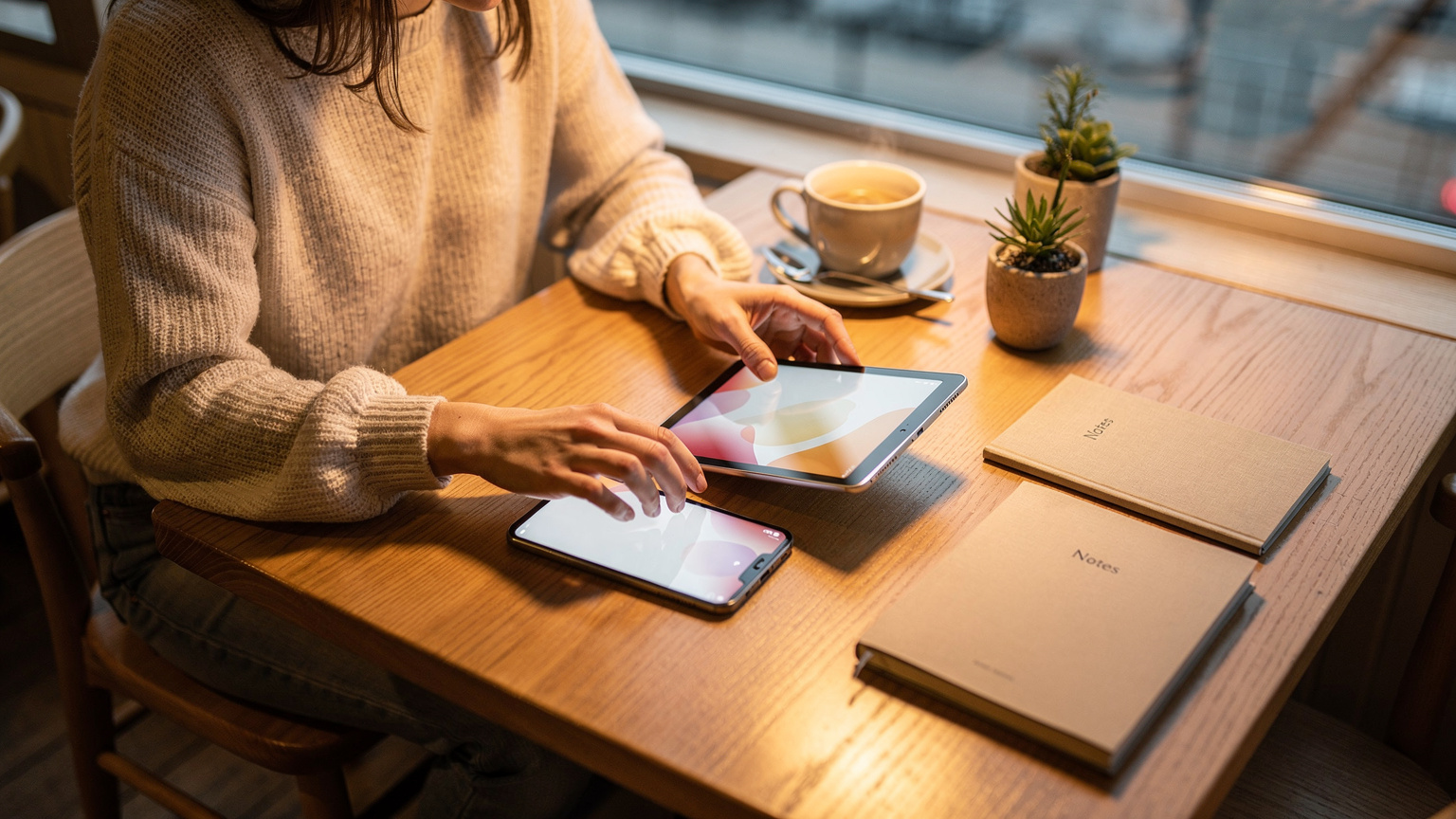 En kvinde holder sin smartphone og tablet, hvor hun er ved at aktivere et eSIM, mens hun sidder i et hyggeligt nordisk inspireret café i Oslo, med en kop kaffe og en notesbog på bordet.