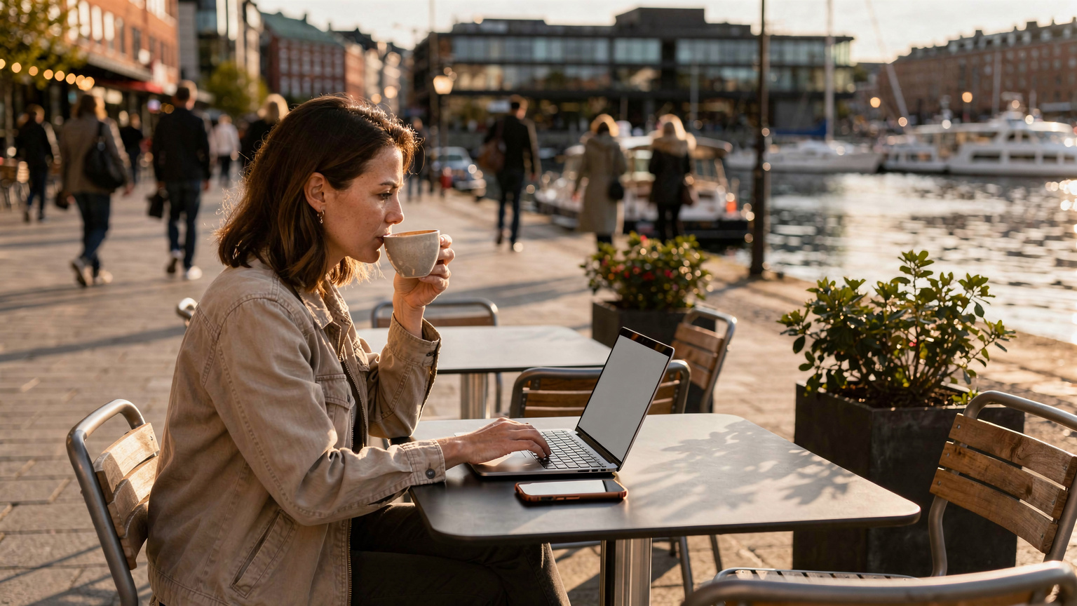 En række udendørs caféborde med en enkelt kvinde, der nipper til kaffe, mens hun arbejder på sin bærbare computer og smartphone i et hyggeligt, men travlt gadebillede i Aker Brygge, Oslo, med folk, der passerer forbi i baggrunden.