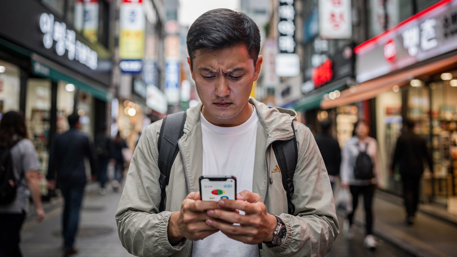 一位男性旅客在韓國首爾的街頭,焦慮地看著手機,屏幕上顯示應用註冊失敗,周圍是繁忙的韓文招牌。