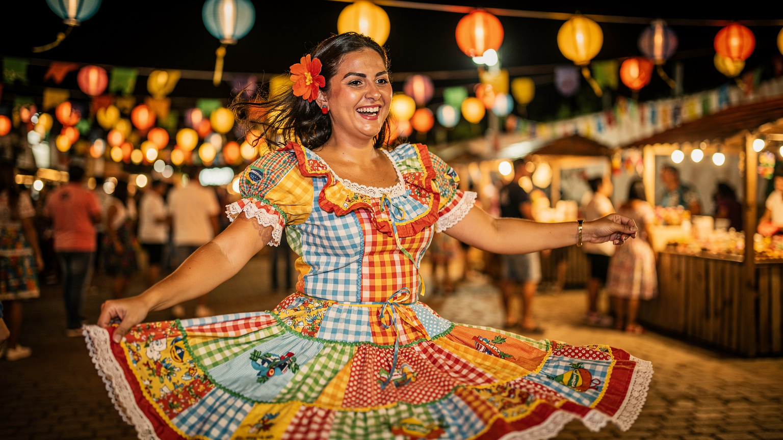 Una mujer vestida con un traje tradicional de Festa Junina, con una flor en el cabello y una sonrisa radiante, baila alegremente en una celebración nocturna en Campina Grande, Paraíba, con luces cálidas de fondo.