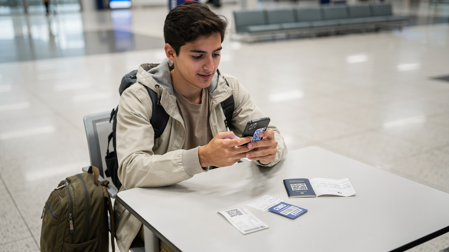 Un joven viajero con una mochila, sentado en el aeropuerto de Guarulhos, São Paulo, escanea un código QR en su teléfono para activar una eSIM, con la mirada de alivio. Su pasaporte y tarjeta de embarque están en la mesa.