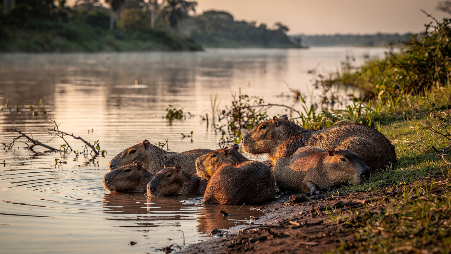 Un grupo de capibaras descansa tranquilamente al borde de un río al atardecer en el Pantanal, Brasil, con una exuberante vegetación tropical de fondo.