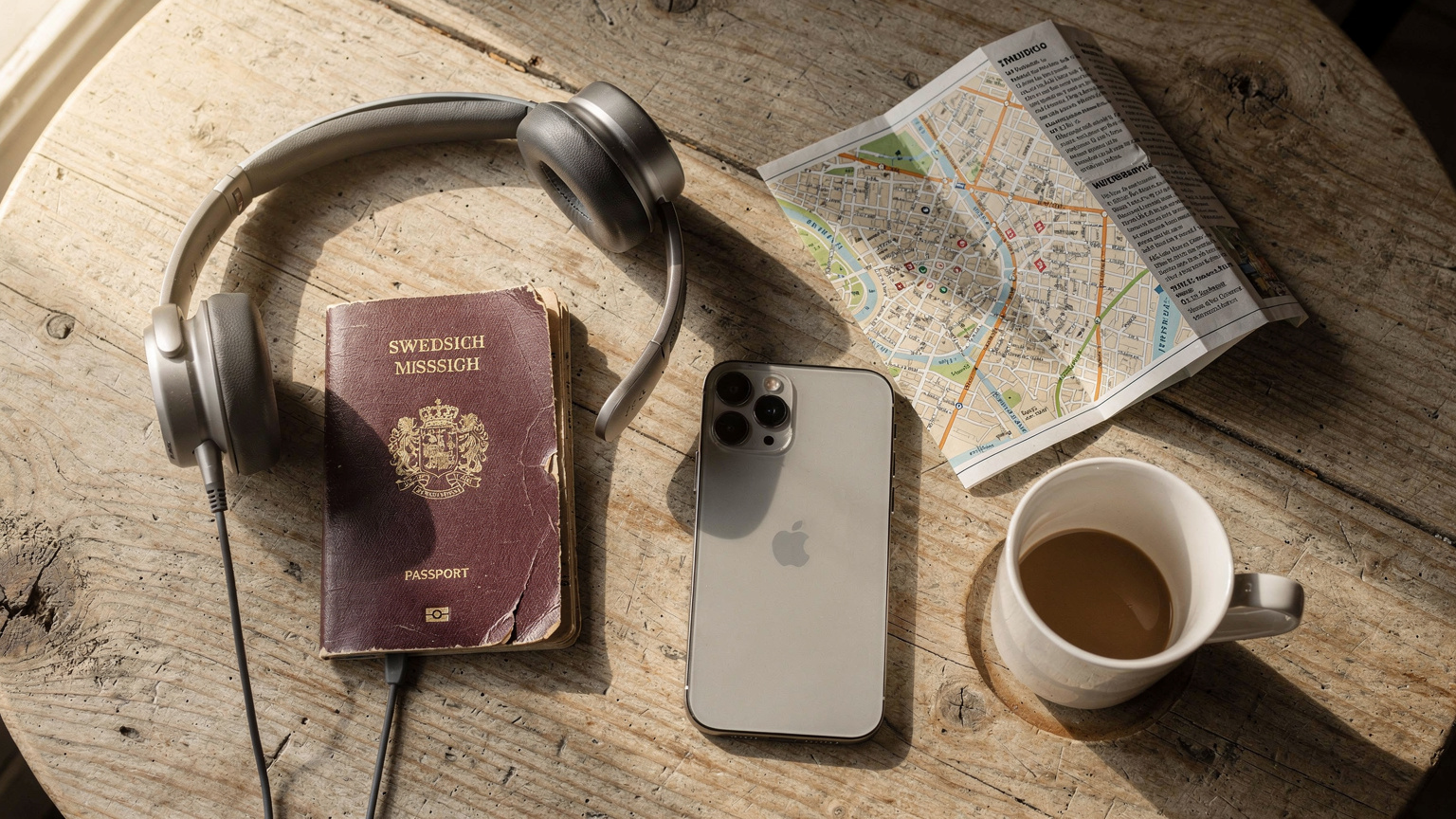 En overhead flat-lay av en resenärs passport, en iPhone 13, ett par hörlurar och en papperskarta över Paris liggandes på ett enkelt träbord i ett kafé, med en halvfull kaffekopp. Ljuset är mjukt, indirekt dagsljus.