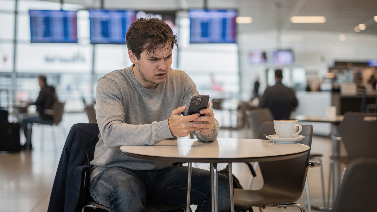 En person försöker ansluta till ett obskyrt WiFi-nätverk på en flygplats i Europa, med en iPhone 13 i handen och en frustrerad min. Scenen utspelar sig i ett generiskt flygplatscaféområde med diffust dagsljus.