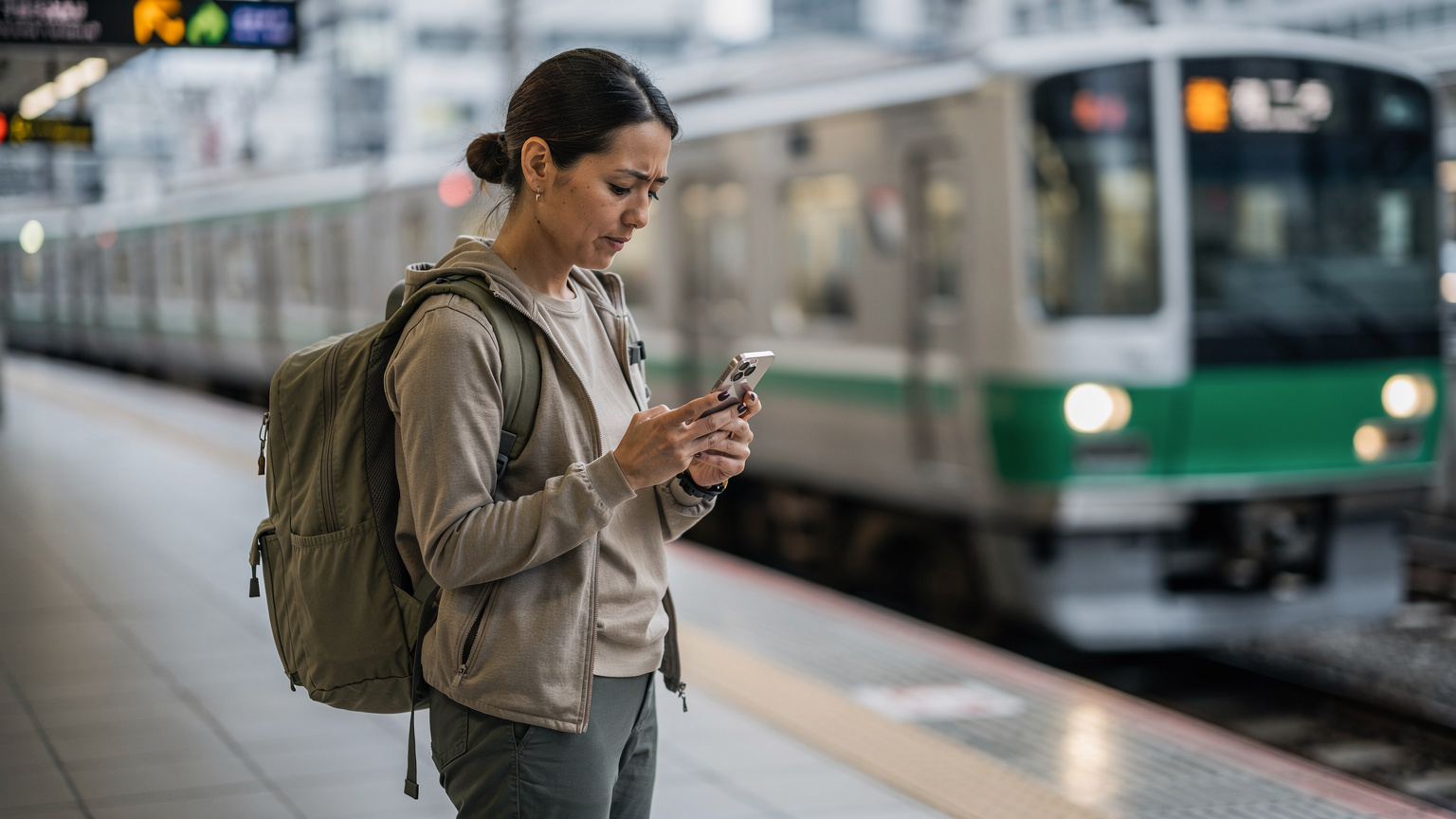 En person kontrollerar sin iPhone 13 på en tågperrong i Tokyo, Japan, med ett Yamonote-tåg som anländer i bakgrunden under tidig morgon. Resenären ser fokuserad ut och håller telefonen stadigt.