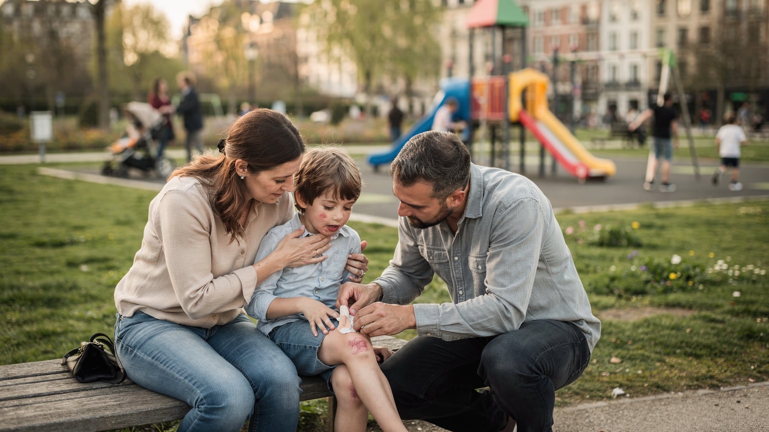 Eine fürsorgliche Mutter tröstet ihr Kind, das sich das Knie aufgeschürft hat, während der Vater die Wunde mit einem Pflaster versorgt, im Hintergrund ein belebter Park in Brüssel mit Spielplatzgeräten.