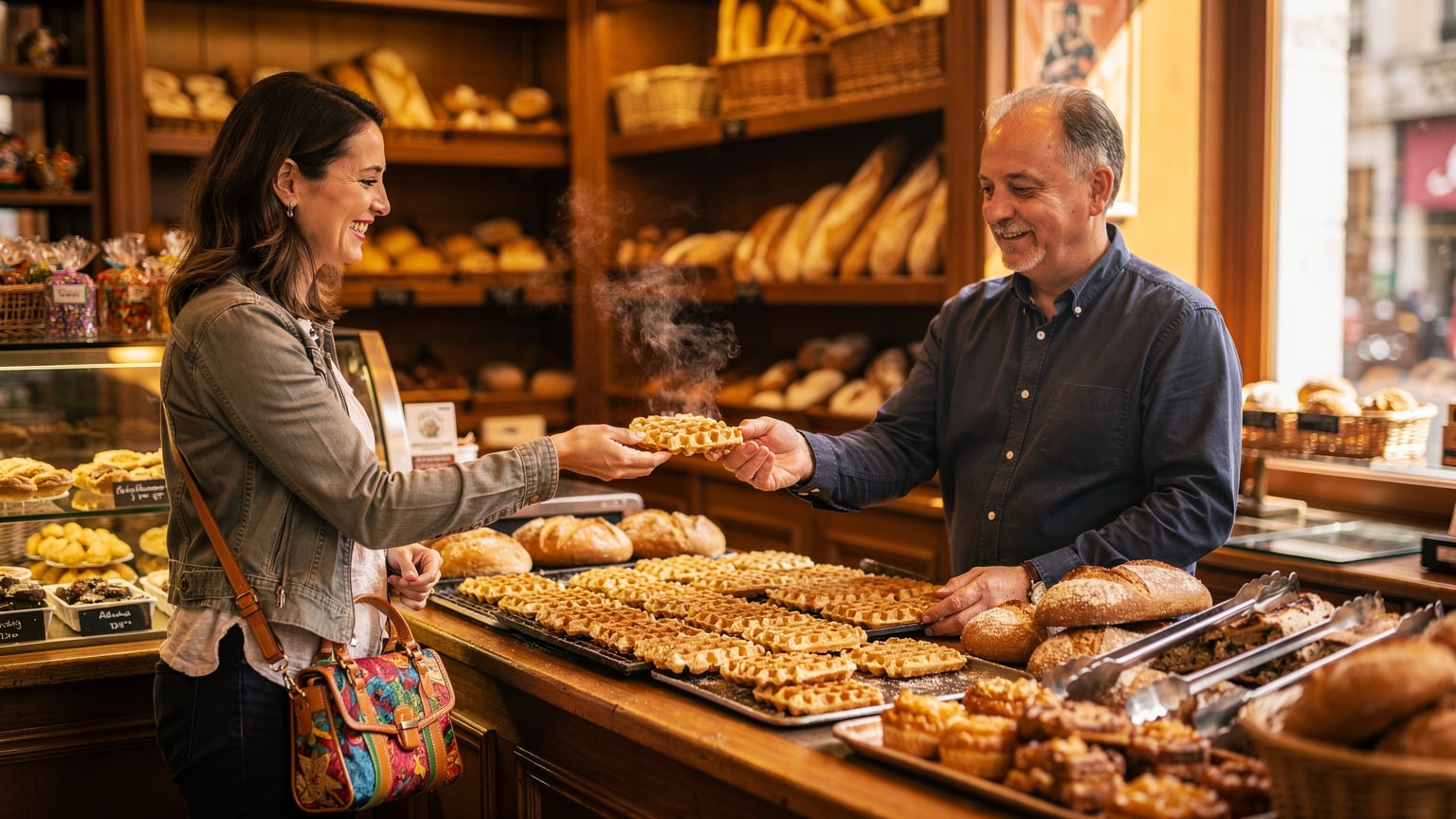 Eine freundliche Interaktion zwischen einer lachenden Touristin und einem belgischen Bäckereiverkäufer, der ihr eine frisch gebackene Waffel in die Hand drückt, in einer urigen Brüsseler Bäckerei mit Auslage.