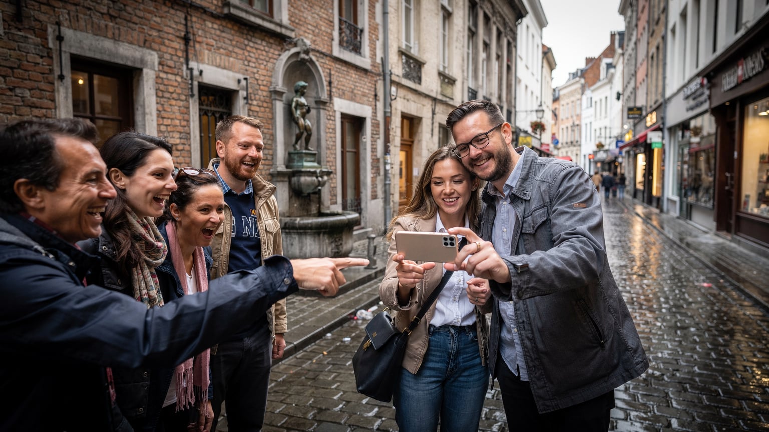 Brüksel'deki dar bir sokakta, Manneken Pis heykelinin önünde duran bir grup turist gülümsüyor. Bir çift, heykelin fotoğrafını çekerken, diğerleri şaşkınlıkla bakıyor.