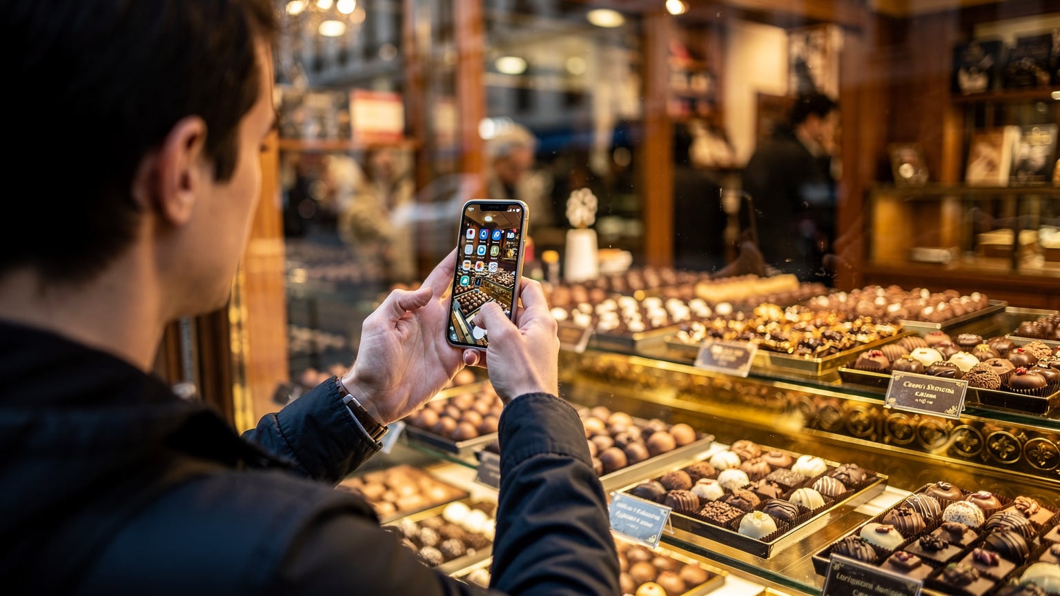 Brüksel'deki bir çikolata dükkanının vitrininde, taze yapılmış Belçika pralinleri sergileniyor. Bir turist, telefonunu kullanarak vitrindeki çikolataların fotoğrafını çekiyor.