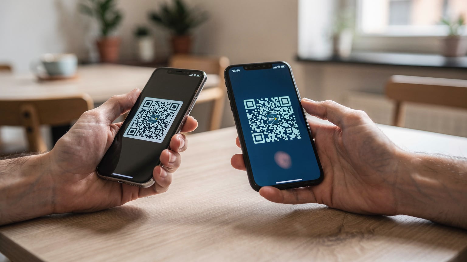 Mani di una persona che scansionano un QR code su un altro telefono per attivare una eSIM, in un caffè moderno a Milano.