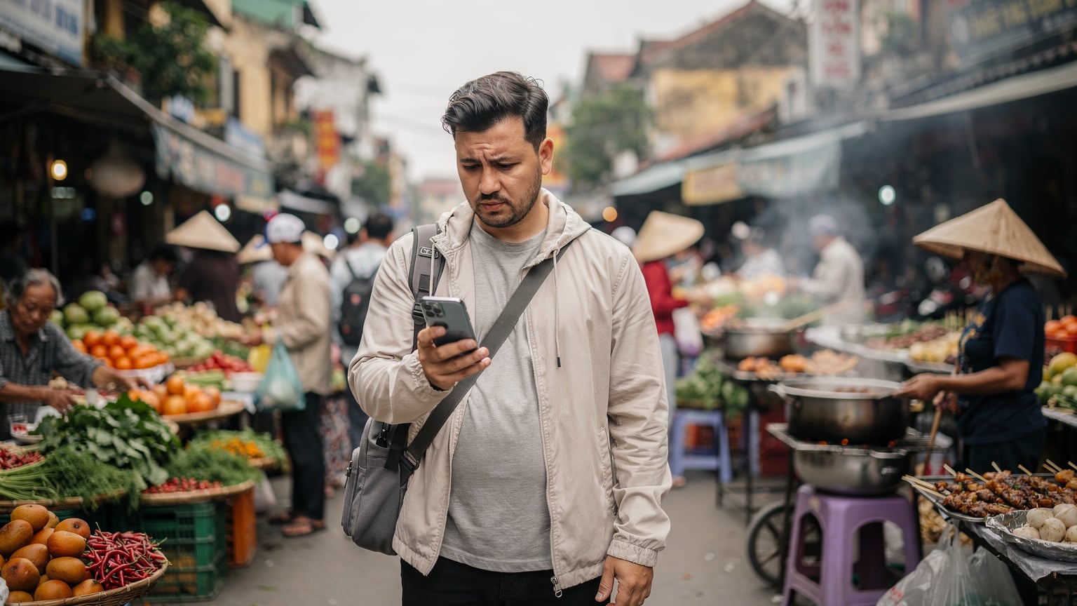 Un viaggiatore tiene il suo smartphone e confronta le opzioni eSIM mentre si trova in un mercato vivace e affollato di Hanoi, Vietnam.