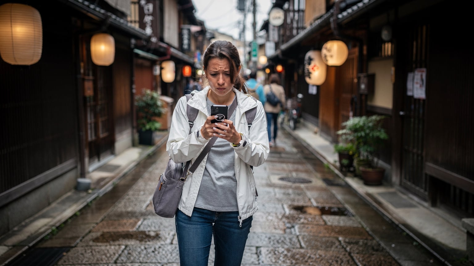 Un viaggiatore con uno sguardo frustrato tiene il suo smartphone in un vicolo stretto e affollato di Kyoto, con tradizionali case in legno e lanterne.