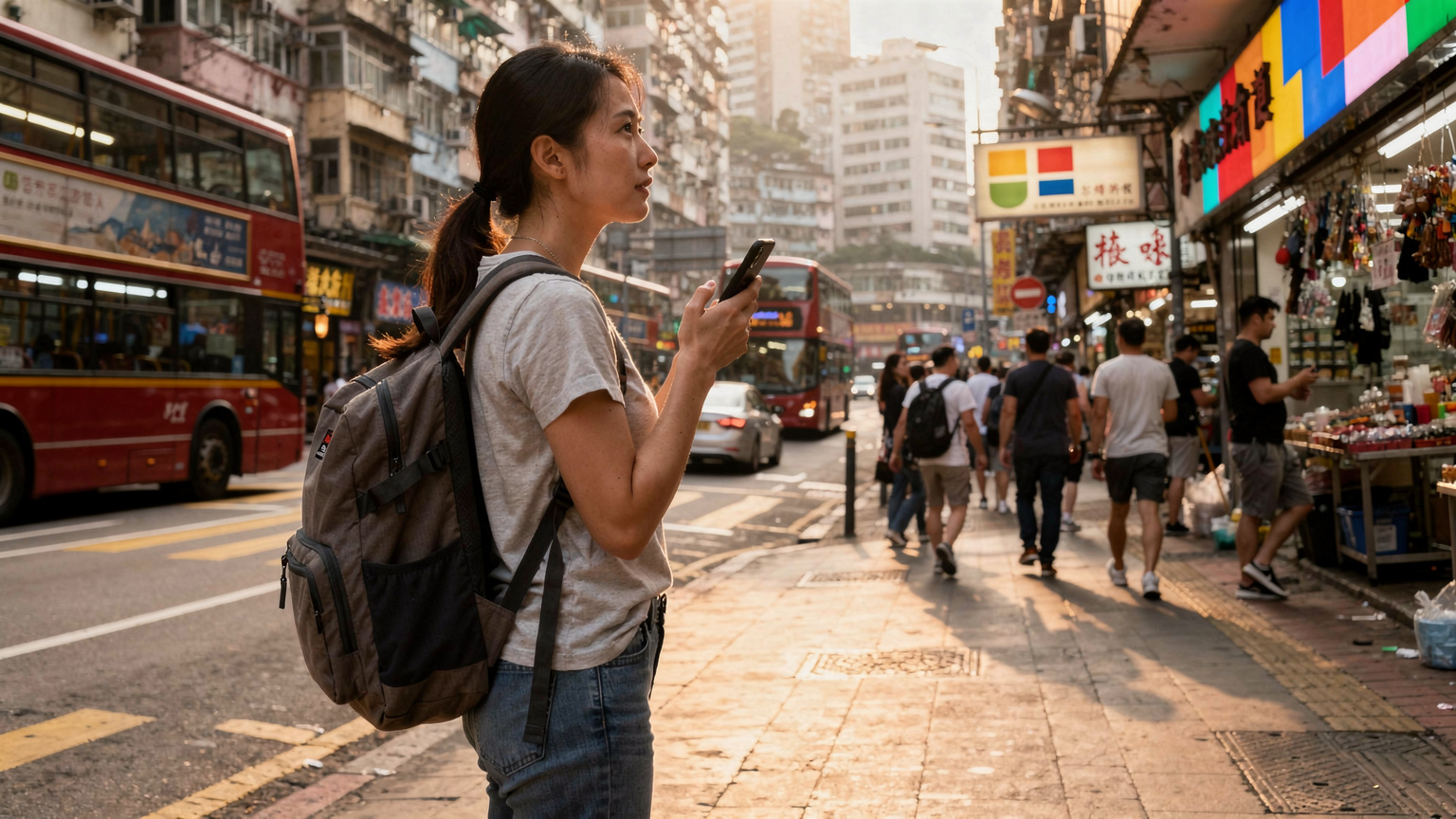 一名旅行者在香港繁忙的街頭,使用手機查看地圖和交通信息,背景是雙層巴士和高樓大廈。