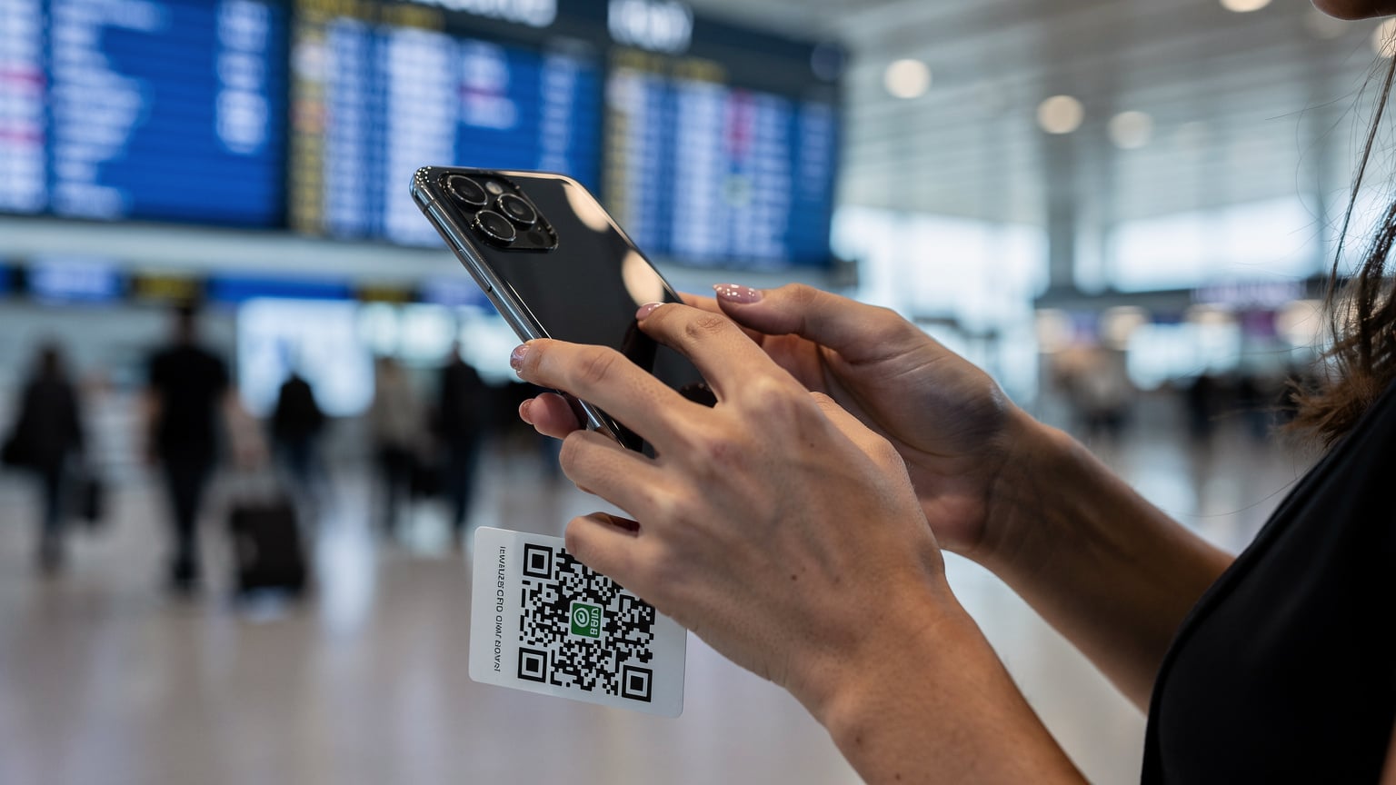 Ruky ženy držia smartfón a skenujú QR kód eSIM, na pozadí rozmazaný interiér letiska s cestujúcimi.