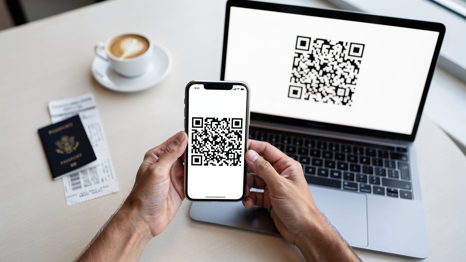 Seorang pengembara mengimbas kod QR eSIM di skrin iPhone, dengan pasport dan tiket penerbangan di atas meja kafe lapangan terbang.