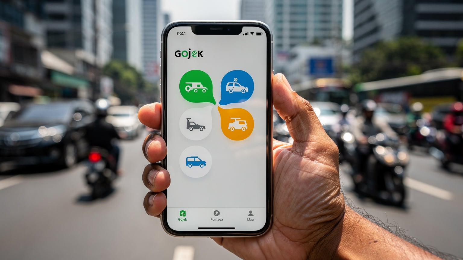 Tangan seorang lelaki memegang iPhone dengan aplikasi Gojek terbuka, menunjukkan pilihan pengangkutan di skrin, dengan latar belakang jalan raya Jakarta yang sibuk.