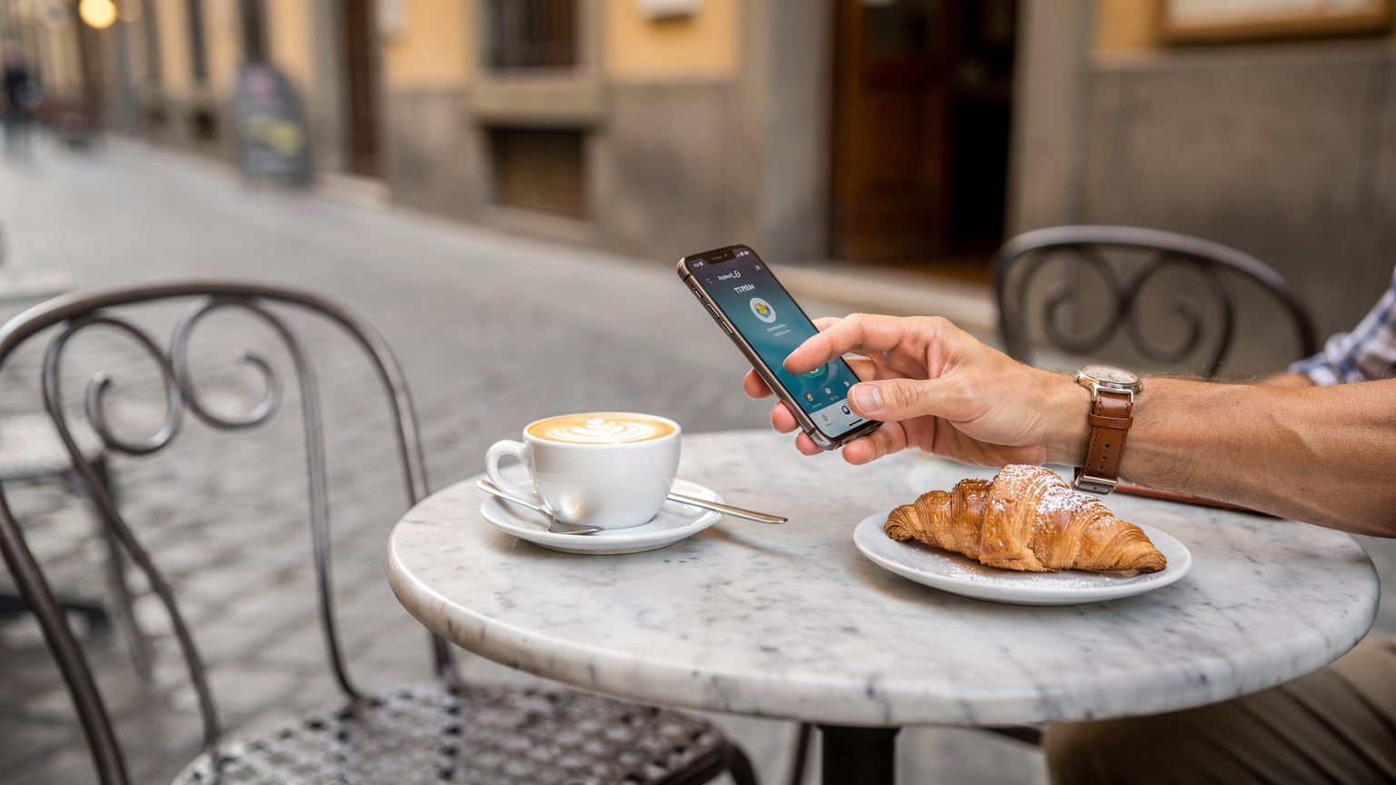 A traveler interacts with the TIM app on a smartphone, checking data usage and topping up their eSIM plan, while sitting at a traditional Italian outdoor cafe with a cappuccino and a pastry.