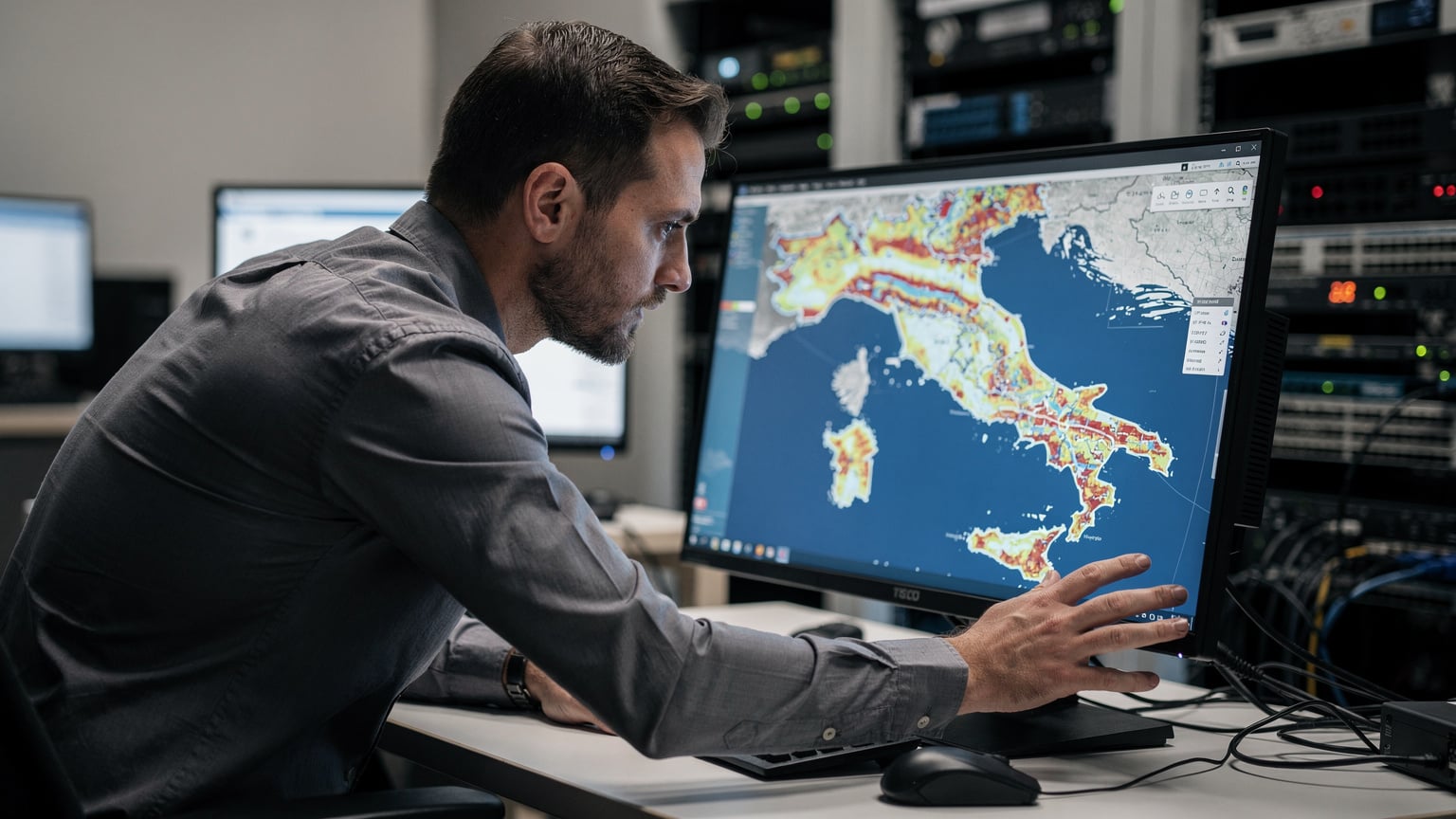 A network engineer analyzes a detailed map showing TIM's 4G and 5G coverage across Italy, with colored overlays indicating signal strength in different regions and cities.