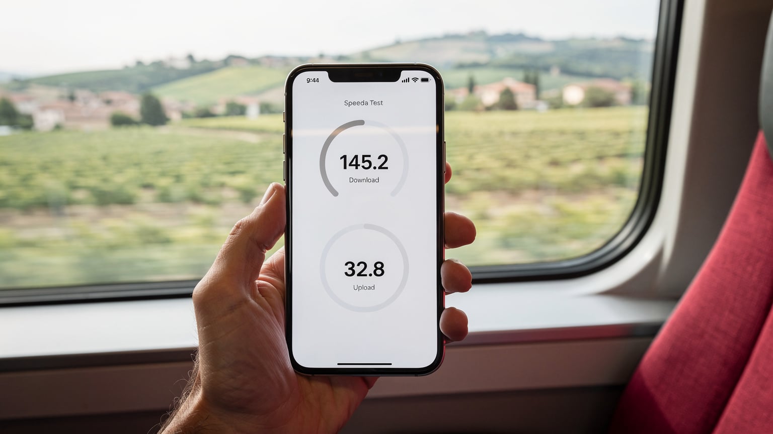 A traveler in a train carriage holds up a smartphone displaying a speed test result on the TIM network, with blurred Italian countryside visible outside the window, illustrating connectivity on the move.