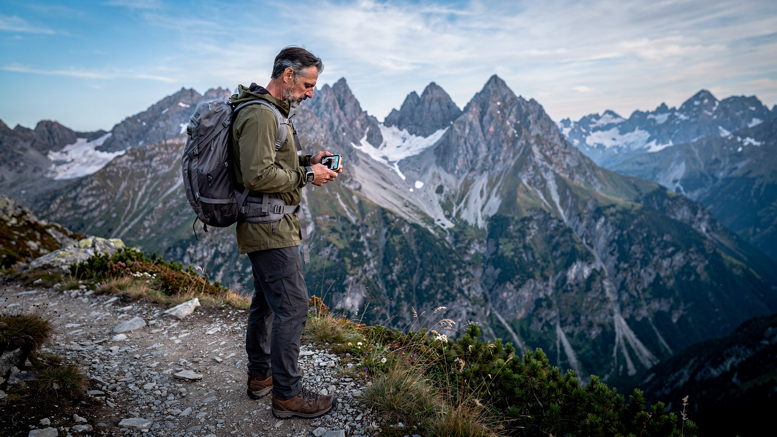 Ein Wanderer in den österreichischen Alpen prüft auf seiner Apple Watch Ultra die Route, die er zuvor offline heruntergeladen hat.