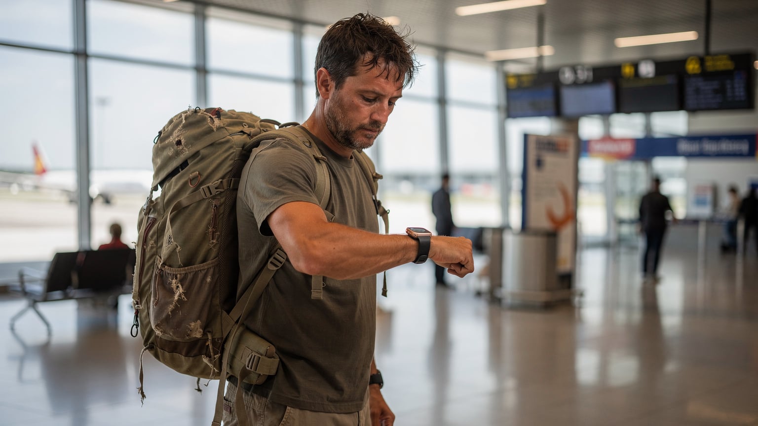 Ein Reisender am Flughafen Berlin Brandenburg (BER) sichtet auf seiner Apple Watch Ultra die verfügbaren eSIM-Profile, während sein Rucksack daneben liegt.