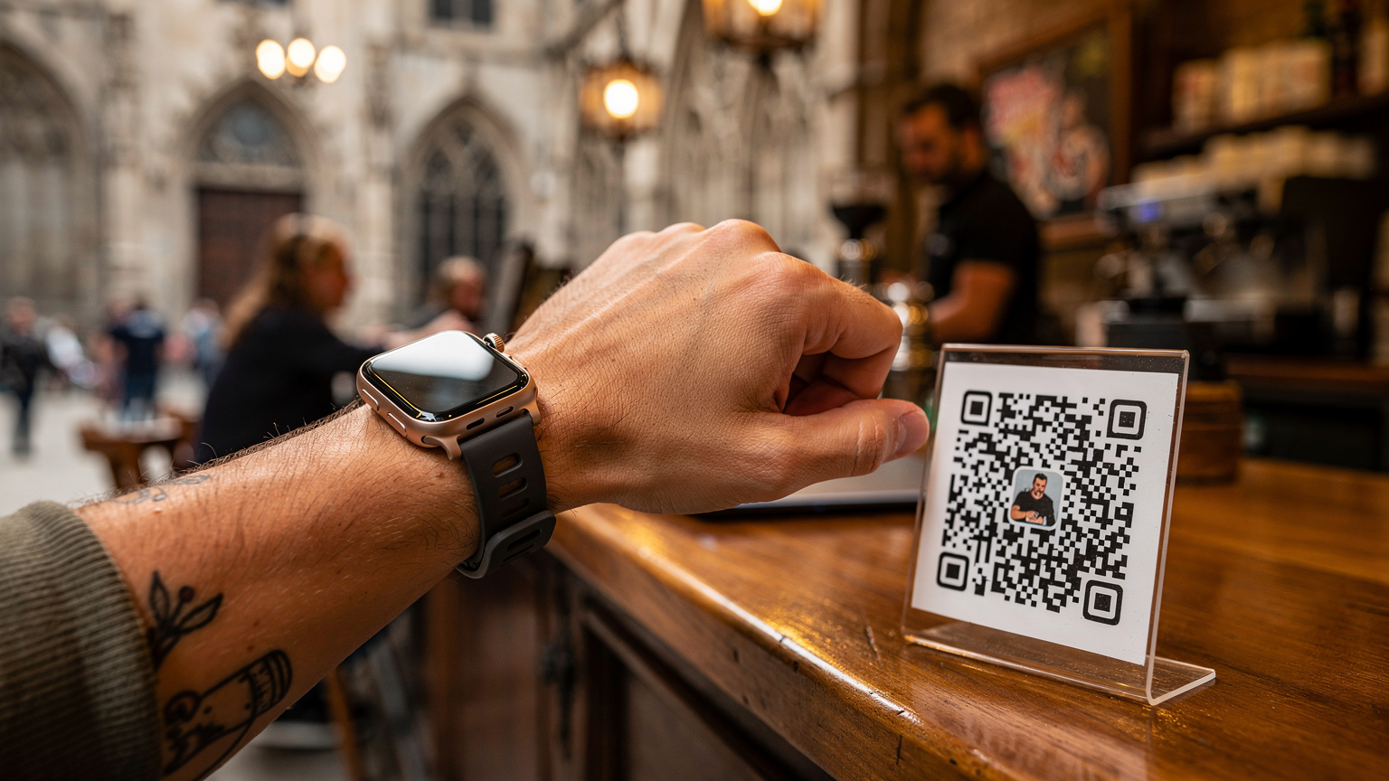 Ein Reisender hält seine Apple Watch Ultra nahe an ein QR-Code-Display in einem belebten Café in Barcelona, um eine eSIM zu scannen und zu installieren.