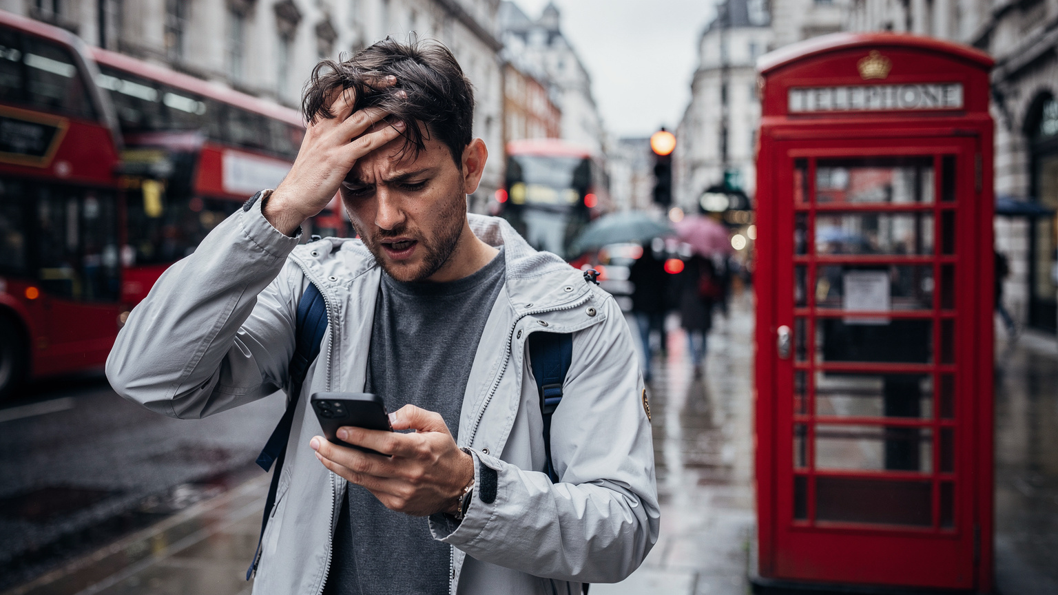 Un viajero con aspecto preocupado revisa su teléfono en una calle concurrida de Londres, con la icónica cabina telefónica roja al fondo, sugiriendo un problema de conexión o una factura de roaming.