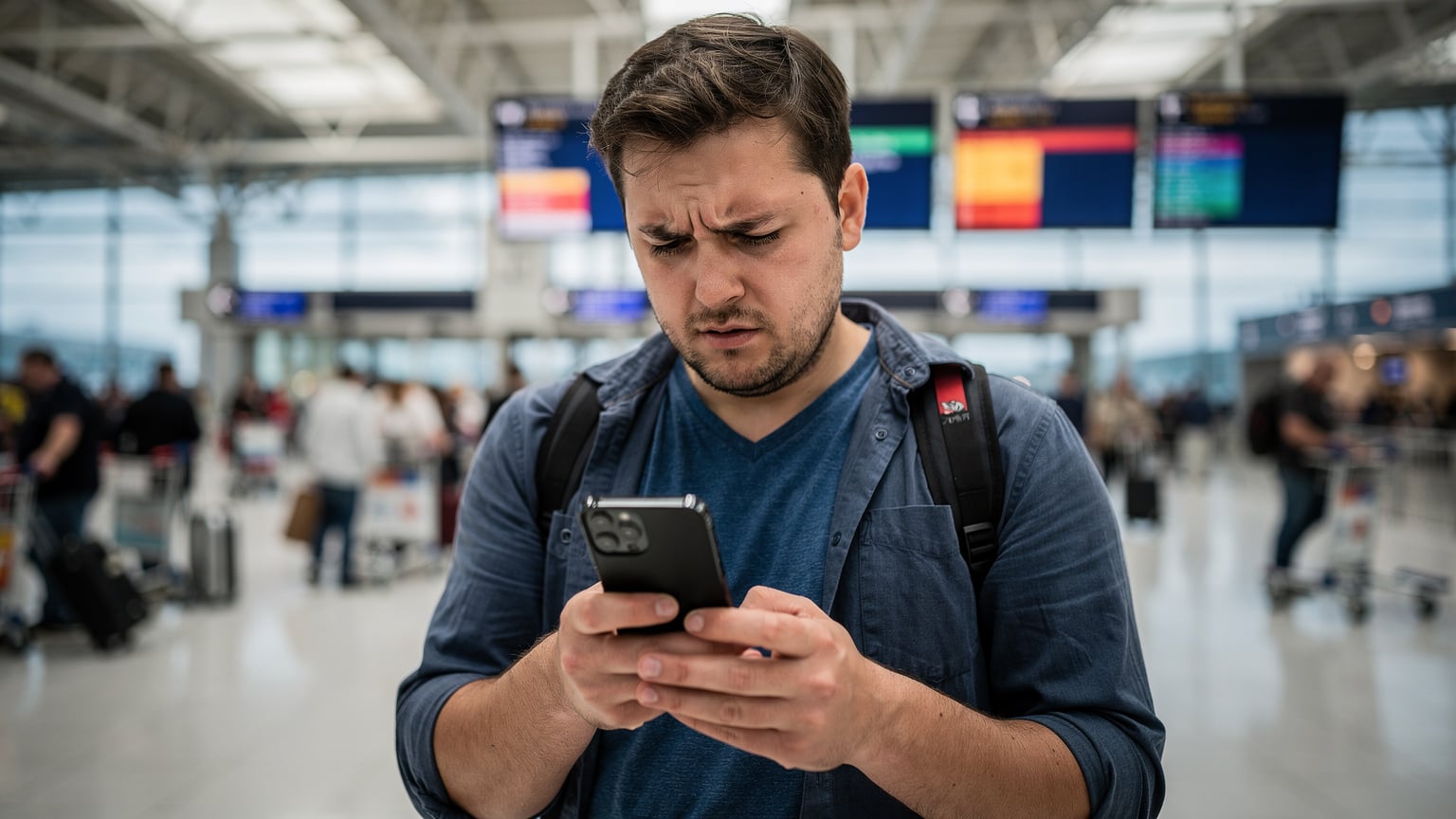 Un viajero con su teléfono inteligente en la mano, frustrado mientras mira el menú de configuración de red, señalando una mala conexión de datos en el bullicioso aeropuerto de Londres Heathrow.
