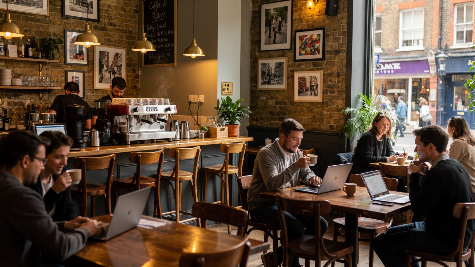 Un café acogedor en el barrio de Soho, Londres, con personas trabajando y socializando, mostrando un ambiente vibrante. Un cartel discreto de Wi-Fi gratuito es visible.