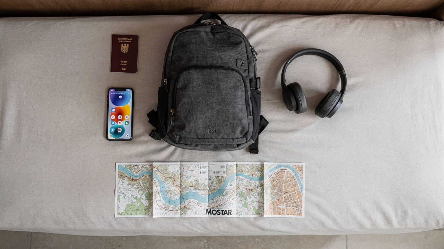 Ein gepackter Rucksack und Reiseutensilien auf einem Bett in einem Hotelzimmer in Mostar, Bosnien und Herzegowina.
