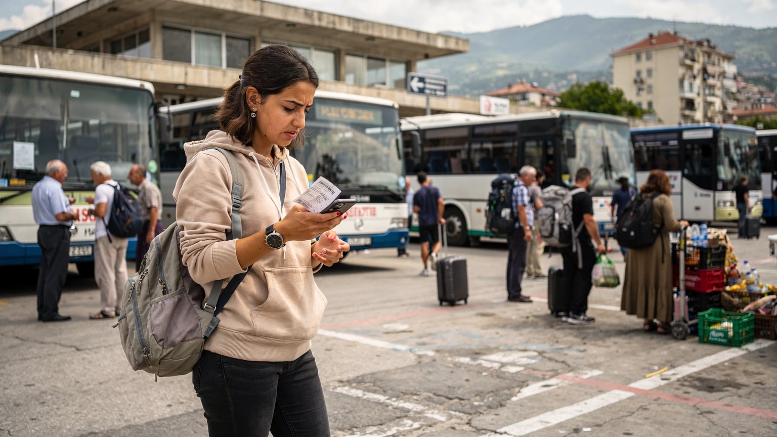 Eine junge Frau schaut besorgt auf ihr Smartphone an einem belebten Busbahnhof in Tirana, Albanien.