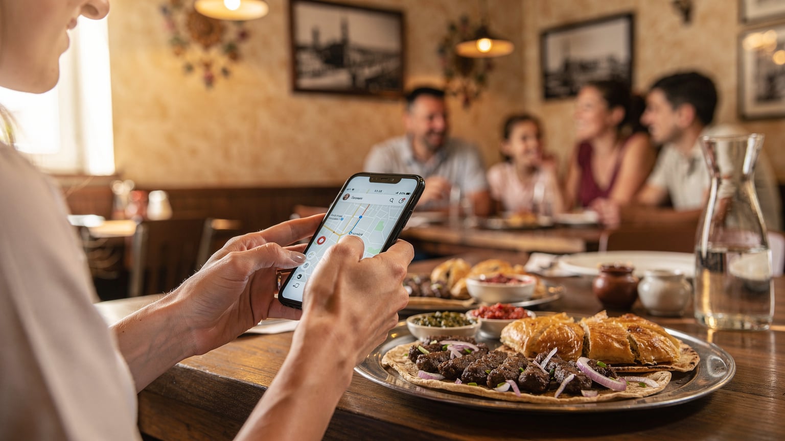 Nahaufnahme der Hände einer Mutter, die auf einem Smartphone tippt, während ihre Familie in einem Restaurant in Sarajevo isst.