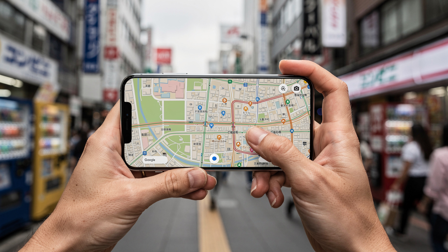 一雙手在手機上操作Google Maps,屏幕上顯示著東京新宿街區的地圖,背景是模糊的繁忙街道和高樓大廈。