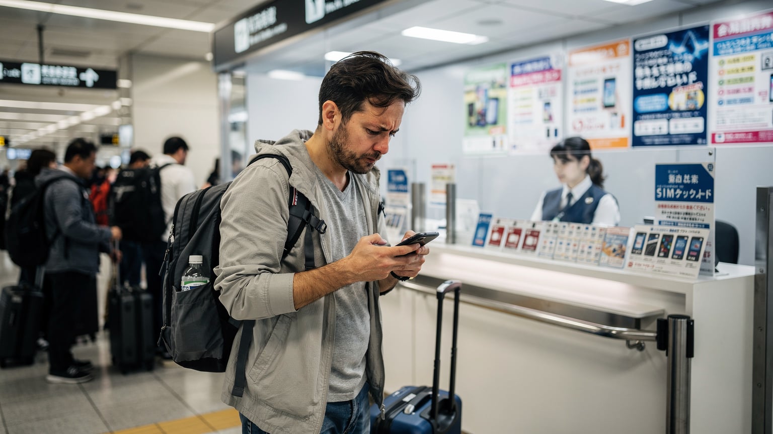 一名外國遊客在日本成田機場的SIM卡銷售櫃檯前排隊,臉上顯露出焦急和疲憊的神情,旁邊是各種SIM卡套餐的廣告牌。