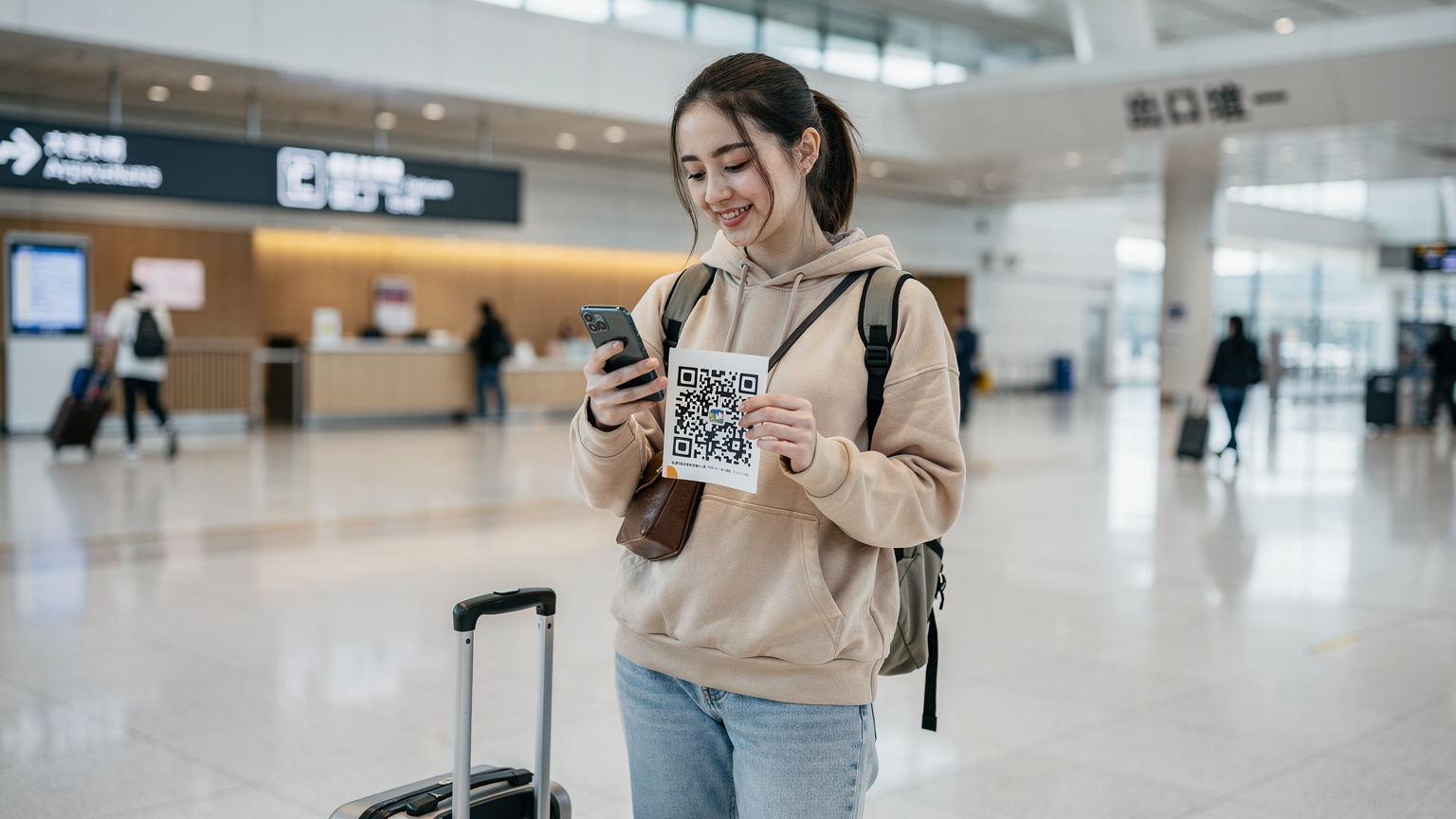 一名旅行者在東京成田機場的到達大廳,輕鬆地用手機掃描eSIM二維碼,無需排隊或更換實體卡,臉上帶著滿意的微笑。