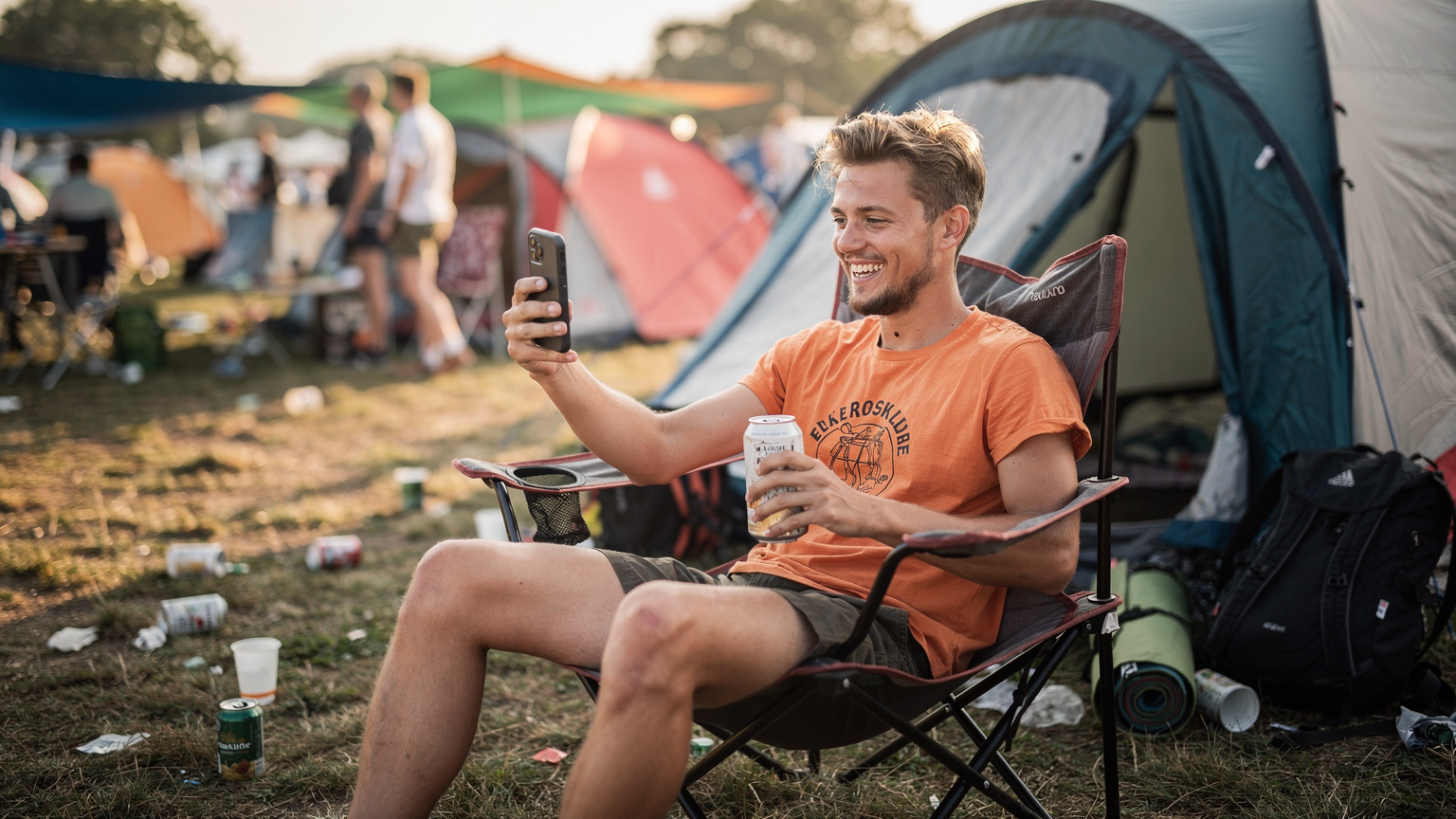 En ung mand iført en Roskilde Festival-T-shirt, der ser glad ud, sidder på en campingstol foran sit telt og videochatter med en ven på sin smartphone, mens han holder en kold dåseøl. Den afslappede festivalstemning er tydelig.